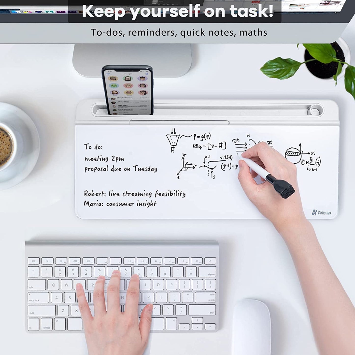 Desk Whiteboard Dry Erase Glass Whiteboard, Desktop White Board with Storage To-Do List Memo Notepad Desktop Buddy Keyboard Stand for Home Office and School Accessories Supplies (White)